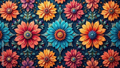 Intricate floral textile design, repeating motif , art, print