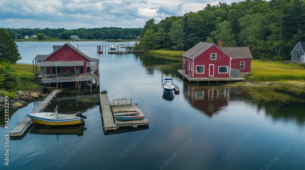 Naklejka premium Quaint river houses and vibrant boats create a peaceful coastal scene on a summer day