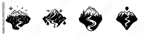 Mountain icon set featuring various designs of nature landscapes and flowing rivers suitable for outdoor themes