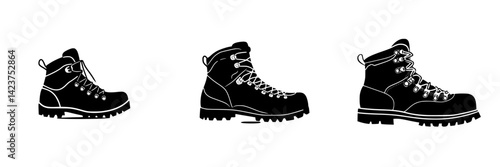 Detailed icon set featuring three styles of hiking boots designed for outdoor adventures and trekking activities