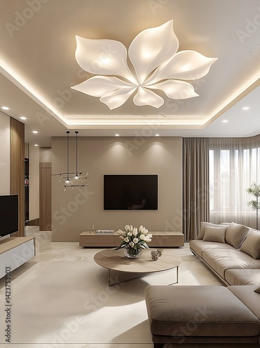 Modern Home Interior Design: White Sectional Sofa, Floating TV Unit, and Expansive Window Views