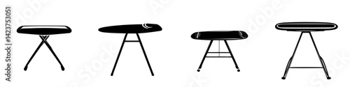 Icon set featuring various types of ironing boards in different styles and designs