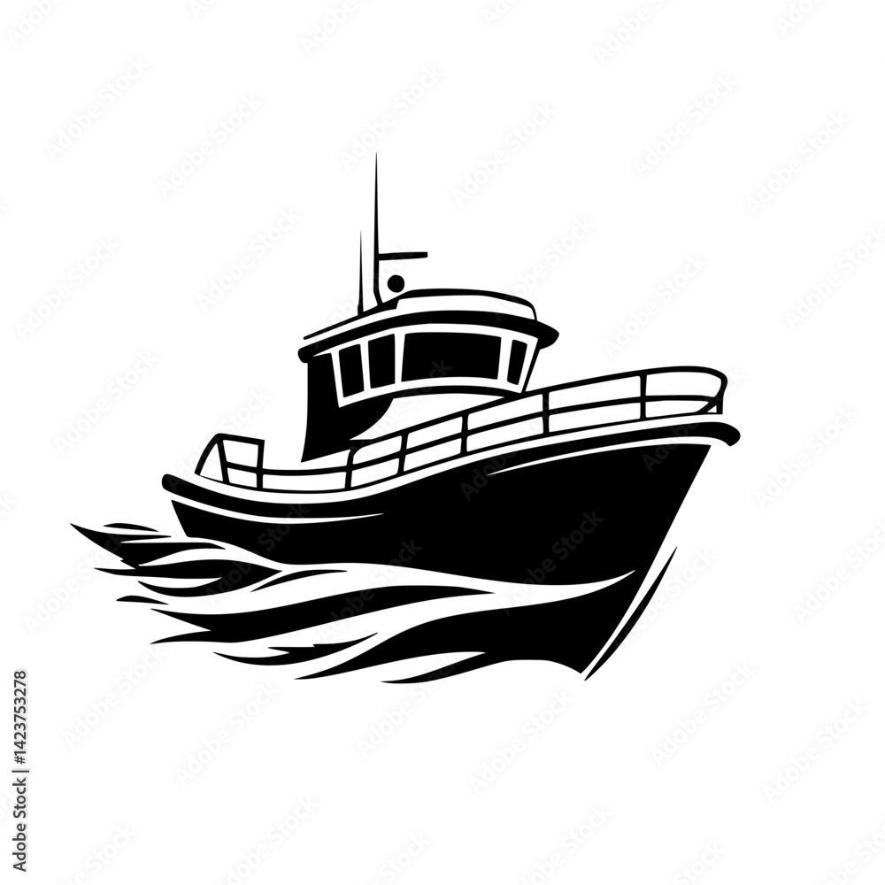 Detailed black and white icon of a fishing boat navigating through waves in a calm sea during daytime Detailed black and white icon of a fishing boat navigating through waves in a calm sea during daytime