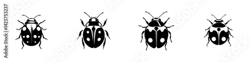 Collection of black and white ladybug icons for graphic design projects and nature themes