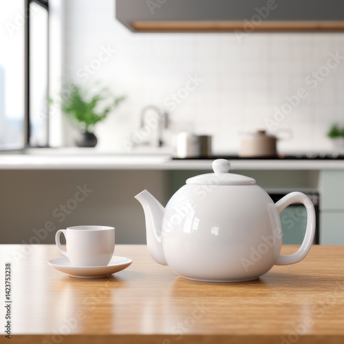 Wallpaper Mural Morning tea ritual with a pristine teapot and cup in a modern kitchen filled with natural light. a mock-up of a teapot and mug on a blurred background with a cozy, bright kitchen Torontodigital.ca