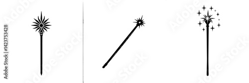 Magical icon set featuring various styles of wands designed for digital applications and creative projects