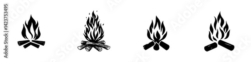 Set of icons depicting various styles of campfire flames ideal for camping or outdoor themed projects