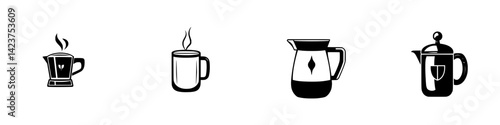 Stylish icon set featuring various coffee brewing methods and serving vessels designed for enthusiasts of coffee culture