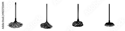 Collection of cleaning tool icons illustrating various broom and mop designs for digital use in graphics and applications