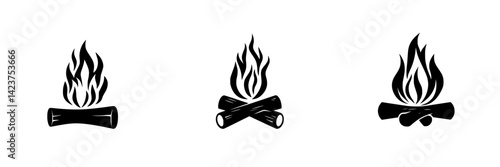Icon set featuring simple campfire designs with logs and flames for outdoor themes
