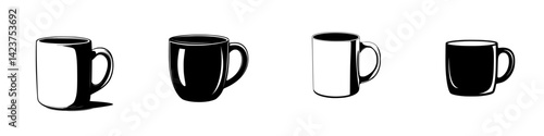 Icon set of coffee mugs in various styles showcasing simple and minimalistic designs