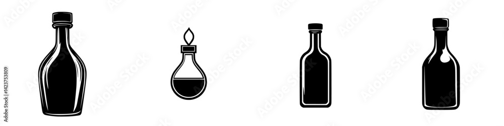 Collection of icon set featuring various bottle designs in minimalist black and white style for graphic design projects Collection of icon set featuring various bottle designs in minimalist black and white style for graphic design projects