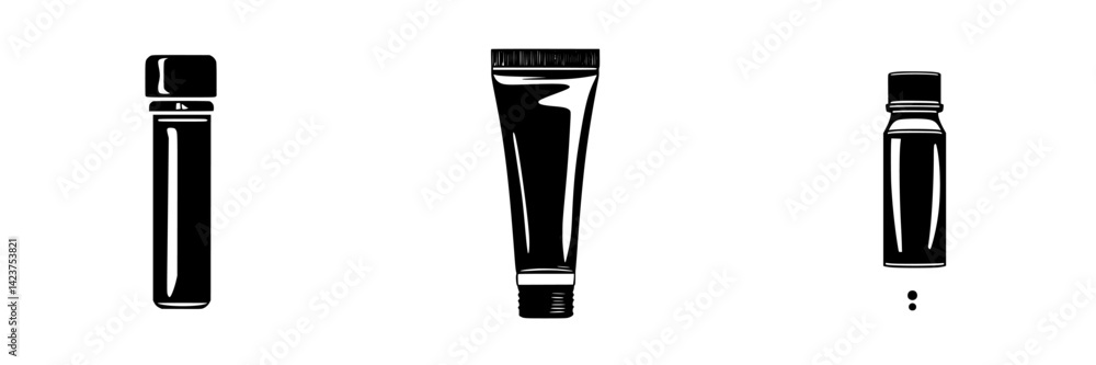 Icon set featuring three minimalist cosmetic containers in black and white design elements for branding or graphic use Icon set featuring three minimalist cosmetic containers in black and white design elements for branding or graphic use