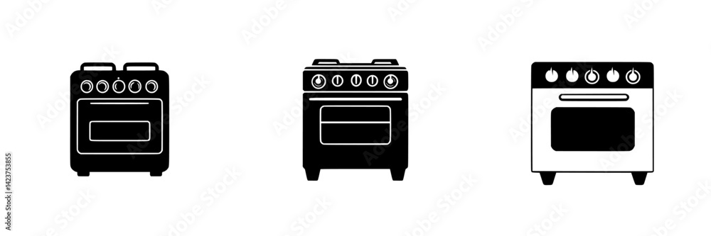 Icon set featuring various styles of kitchen stoves designed for modern culinary spaces and user-friendly interfaces Icon set featuring various styles of kitchen stoves designed for modern culinary spaces and user-friendly interfaces