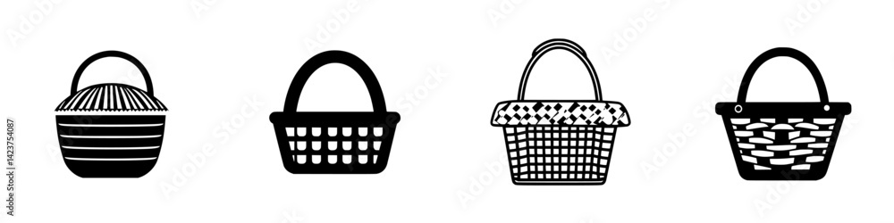 Variety of simple black and white icons representing different styles of baskets for digital design applications Variety of simple black and white icons representing different styles of baskets for digital design applications