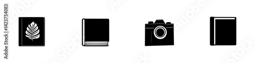 Icon set featuring books and photography elements for creative projects and design applications