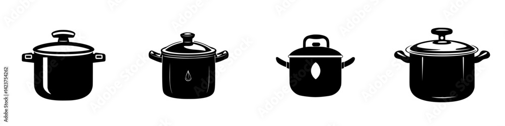 Icon set featuring various cooking pots designed for culinary applications and kitchen themes
