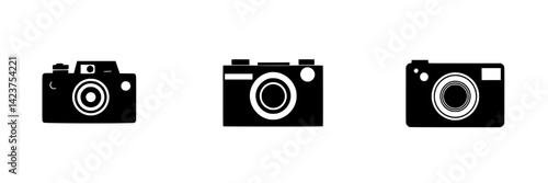 Icon set featuring various camera designs in minimalist black style suitable for digital applications