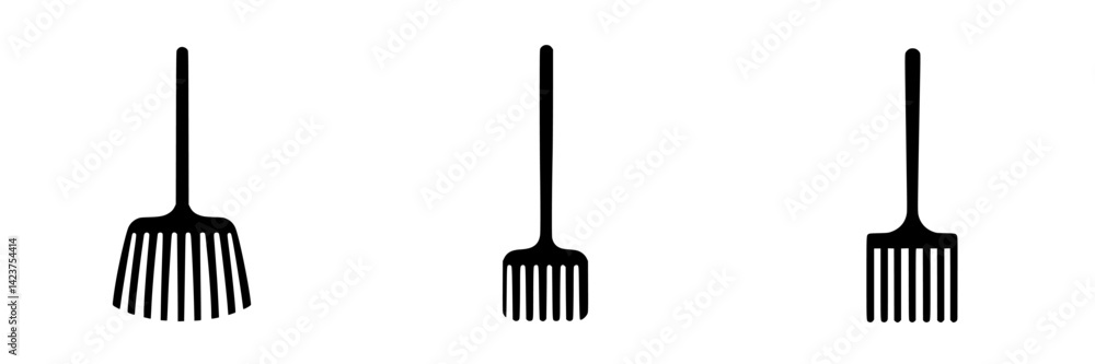 Icon set featuring various designs of garden rakes suitable for digital applications and graphic projects Icon set featuring various designs of garden rakes suitable for digital applications and graphic projects