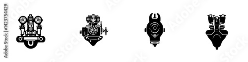 Icon set featuring various engine designs for automotive and mechanical applications in modern and vintage styles