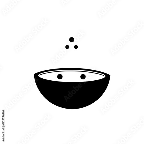 Icon set featuring a simple black bowl with steam and dots representing food preparation