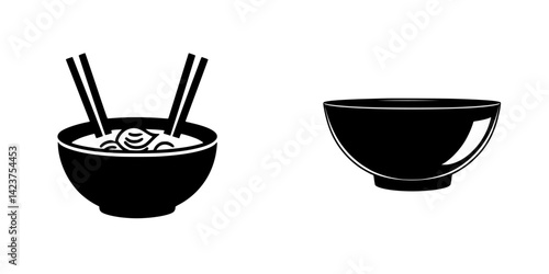 Icon set featuring a bowl of noodles with chopsticks and a plain bowl design for culinary projects and food-related themes