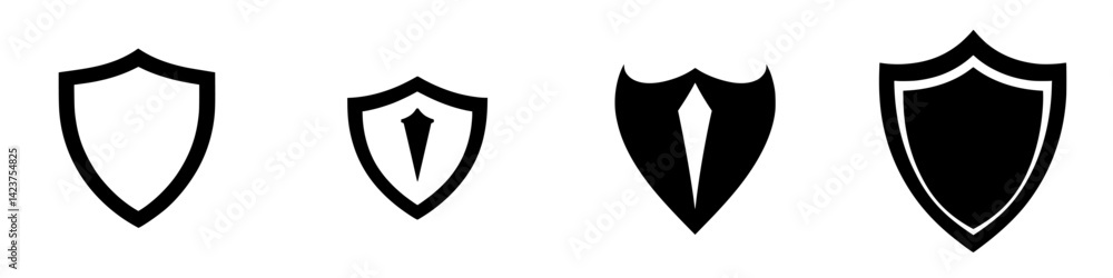 Icon set featuring various shield designs for security and protection themes in flat style Icon set featuring various shield designs for security and protection themes in flat style