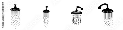 Collection of various showerhead icons showcasing diverse styles and designs in black silhouette