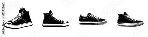 Stylish collection of black sneaker icons featuring high-top and low-top designs in a minimalist style