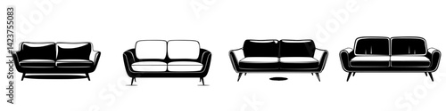 Collection of stylish couch icons in black and white showcasing modern furniture design