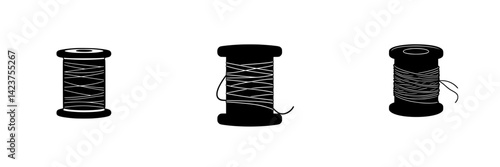 Icon set featuring various sewing spools, showcasing different designs and thread arrangements for creative projects