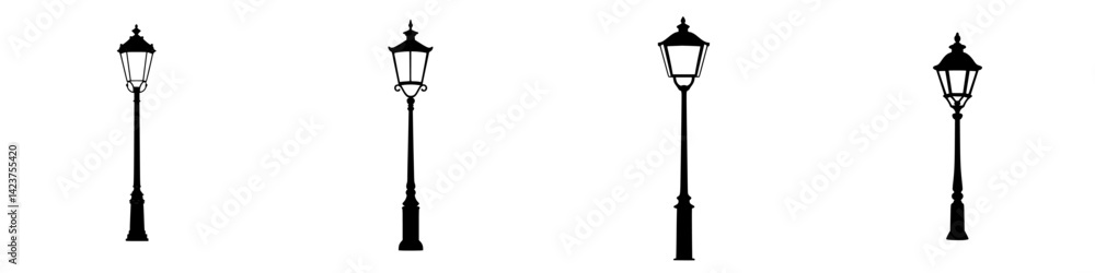 Icon set featuring various street lamp designs in silhouette style suitable for graphic design projects
