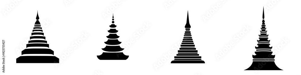 Icon set featuring various pagoda designs in minimalist black style showcasing architectural diversity and cultural significance Icon set featuring various pagoda designs in minimalist black style showcasing architectural diversity and cultural significance