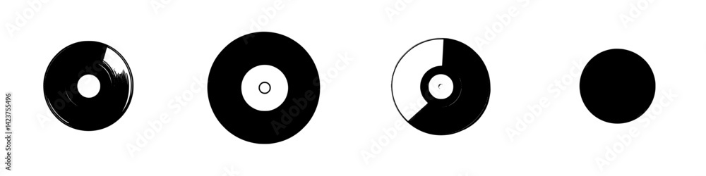 Icon set featuring various styles of vinyl records in a minimalist design highlighting their unique shapes and details Icon set featuring various styles of vinyl records in a minimalist design highlighting their unique shapes and details