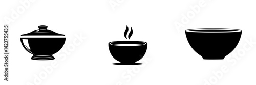 Icon set showcasing various types of bowls and cookware in minimalist design suitable for culinary themes