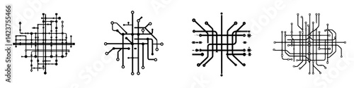 Detailed collection of minimalist black and white line icons representing transportation and navigation systems