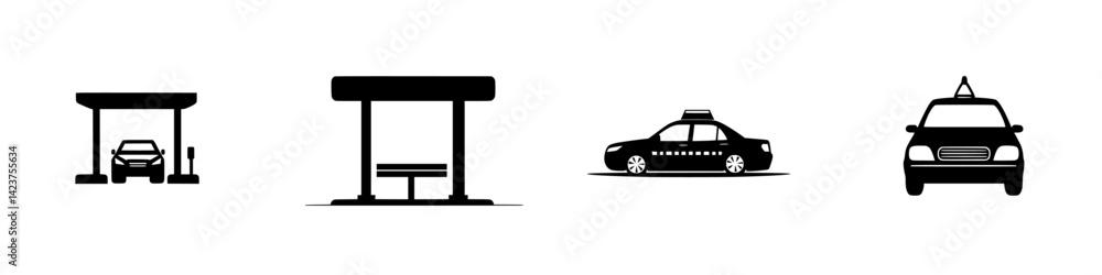 Icon set showcasing transportation elements including gas station, bus stop, and taxi vehicles Icon set showcasing transportation elements including gas station, bus stop, and taxi vehicles