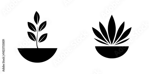 Icon set depicting plant symbols with simple outlines suitable for various design applications