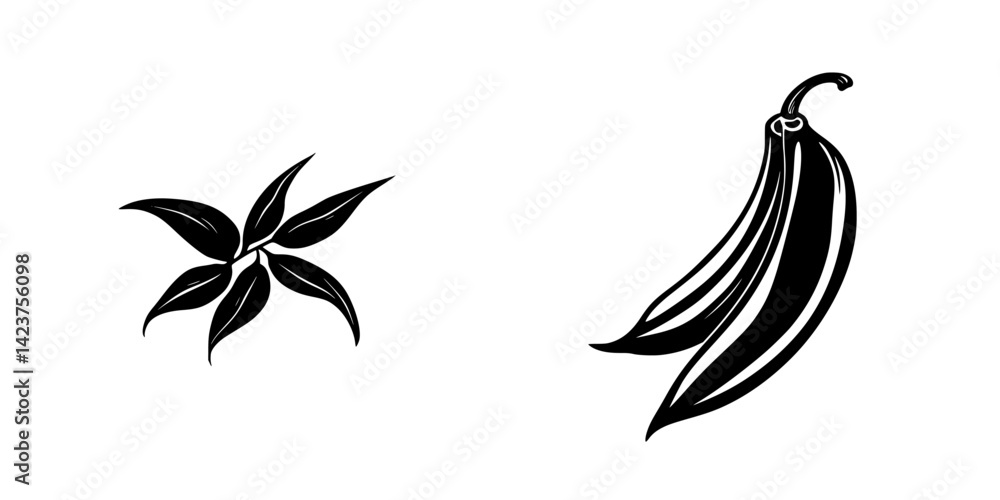 Collection of black and white icon set featuring spice leaves and chili peppers for culinary design Collection of black and white icon set featuring spice leaves and chili peppers for culinary design