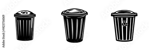 Icon set featuring different types of trash bins designed for waste management and recycling practices