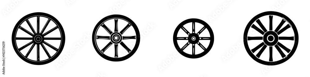 Icon set representing various designs of wheels in a minimalist style for graphic projects and design work Icon set representing various designs of wheels in a minimalist style for graphic projects and design work