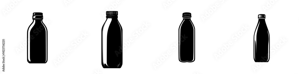 Collection of stylized black bottle icons in various shapes for use in design projects and applications Collection of stylized black bottle icons in various shapes for use in design projects and applications