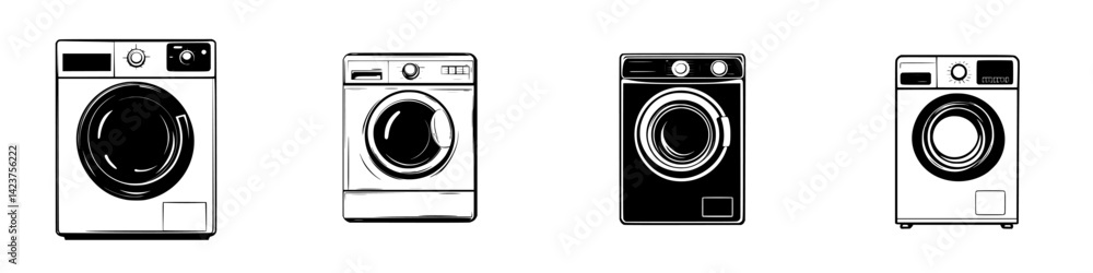 Icon set of different washing machines designed in a minimalistic style showcasing various features and styles for modern laundry needs Icon set of different washing machines designed in a minimalistic style showcasing various features and styles for modern laundry needs