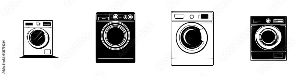 Icon set featuring various washing machine designs for modern home use Icon set featuring various washing machine designs for modern home use