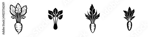Artistic icon set featuring various carrot designs in black and white for digital and print applications