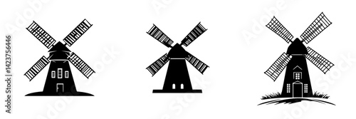 Collection of windmill icons displaying different styles and designs for graphic use and digital applications