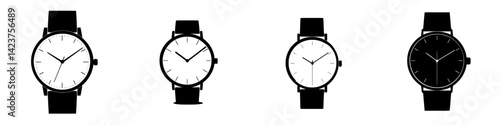 Stylish black and white watch icon set showcasing different designs for modern timepieces