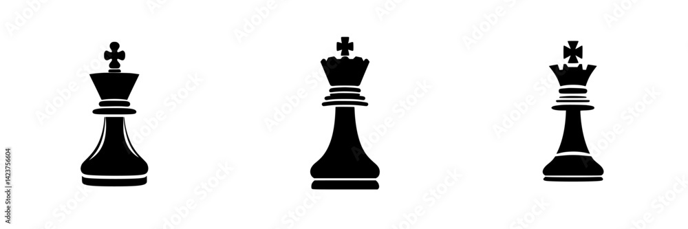 Icon set featuring stylized chess king pieces in different designs and perspectives Icon set featuring stylized chess king pieces in different designs and perspectives