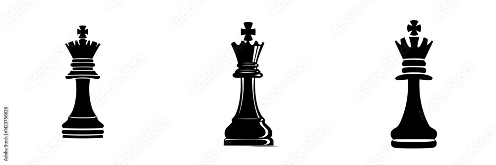 Icon set featuring three distinct chess king designs in black silhouette style for use in digital applications and branding Icon set featuring three distinct chess king designs in black silhouette style for use in digital applications and branding