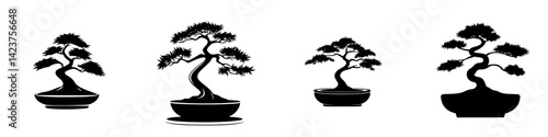 Icon set of various bonsai tree styles showcasing elegance and craftsmanship